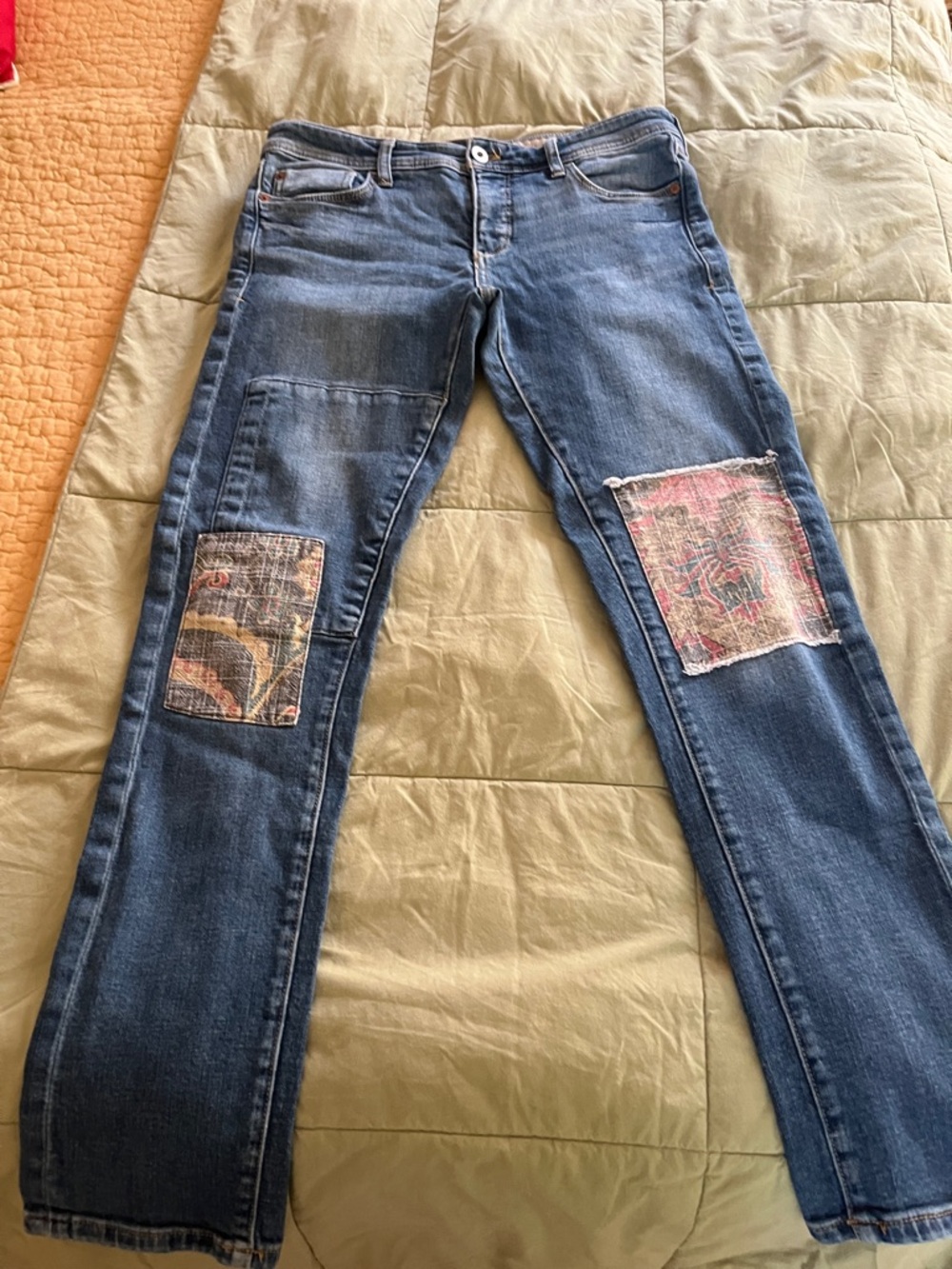 Pilcro and the Letterpress Blue Straight-Leg Jeans with Patchwork